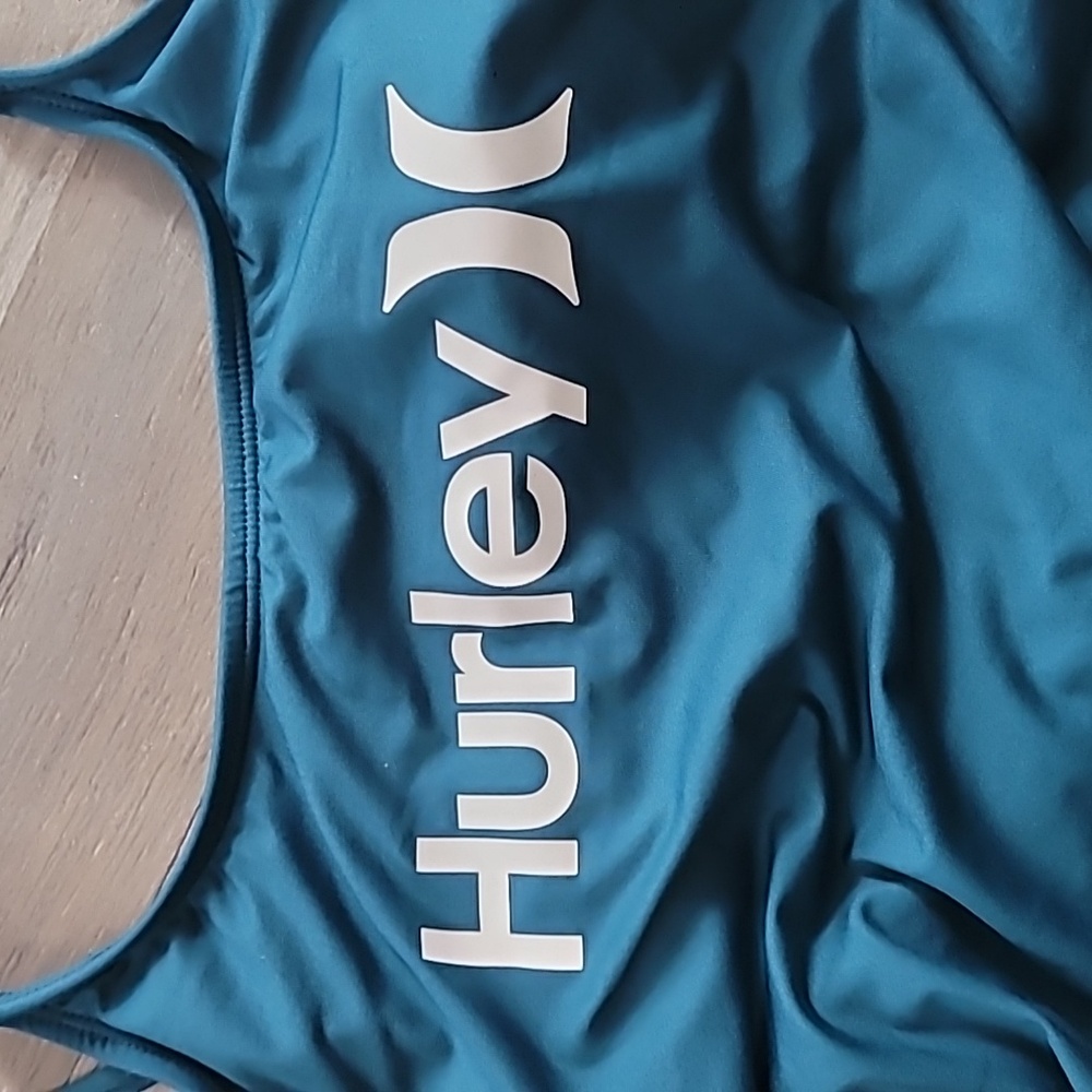 Hurley Teal Green Blue White Logo One-Piece Side Cinch Swimsuit Size Large - Picture 3 of 6